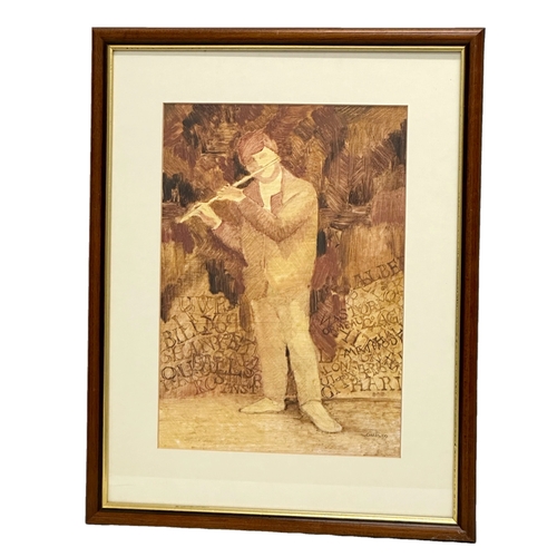 390A - Beatrice Chapleo. A.R.U.A.  U.S.W.A. Oil on card. Belfast Flautist. 25cm x 36cm. Frame 40cm x 51.5cm... 