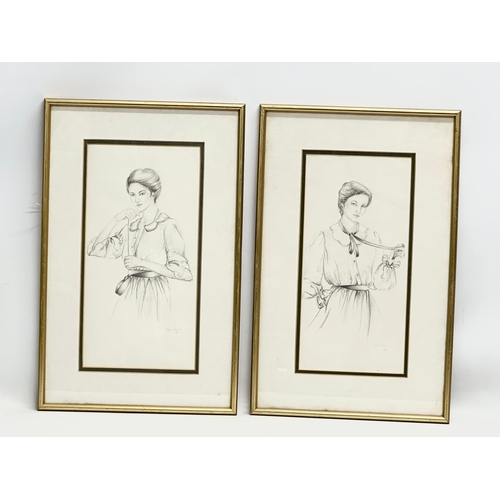 350G - Gillian Cromie. 2 pencil drawings of a lady. 17x34cm. Frame 32x49.5cm