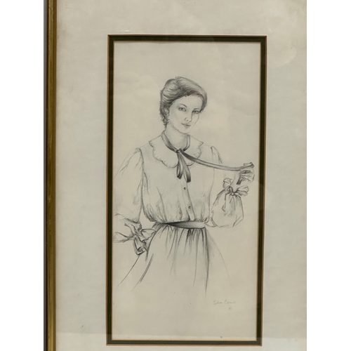 350G - Gillian Cromie. 2 pencil drawings of a lady. 17x34cm. Frame 32x49.5cm