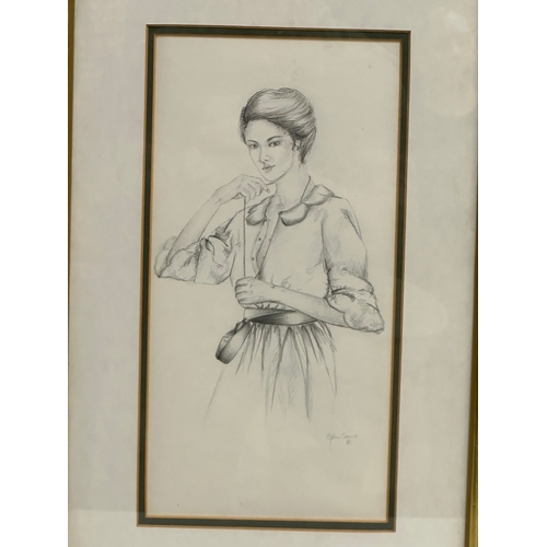 350G - Gillian Cromie. 2 pencil drawings of a lady. 17x34cm. Frame 32x49.5cm