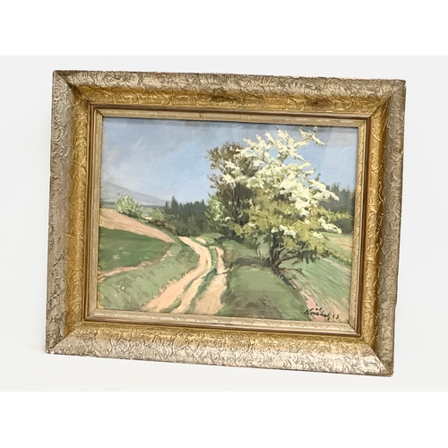 350J - A signed continental oil painting on board and a gilt frame. 48x37cm. Frame 65x53cm