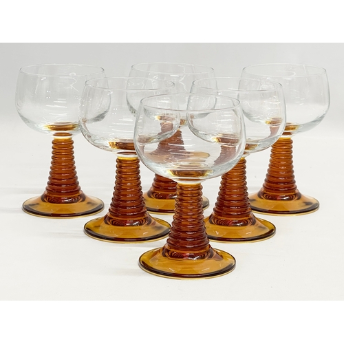 244 - A set of 6 Mid 20th Century French glass rummers, with amber beehive stems. 9x14cm