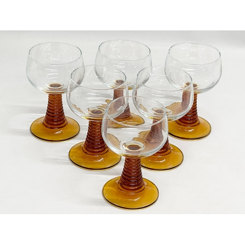 244 - A set of 6 Mid 20th Century French glass rummers, with amber beehive stems. 9x14cm