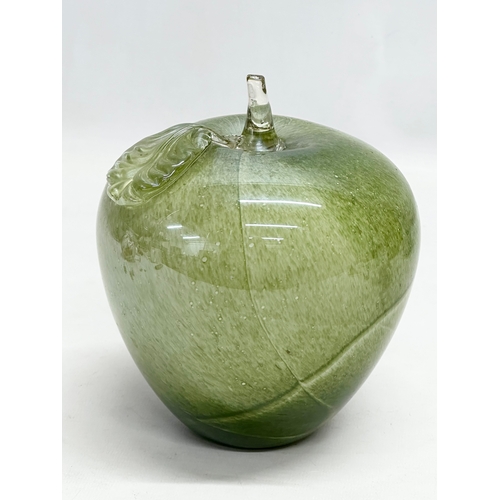 441 - A collection of art glass apples and purses. Large green apple 14x17cm. Purses 18x22cm