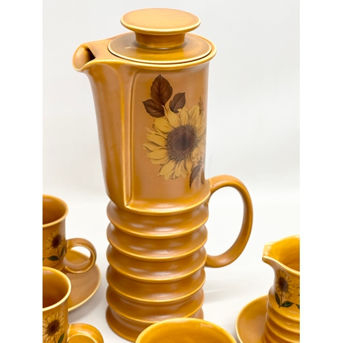 226 - A Mid Century Carlton Ware ‘Sunflower’ coffee service. 13 piece. Coffee pot 32cm 4 cups, 6 saucers, ... 