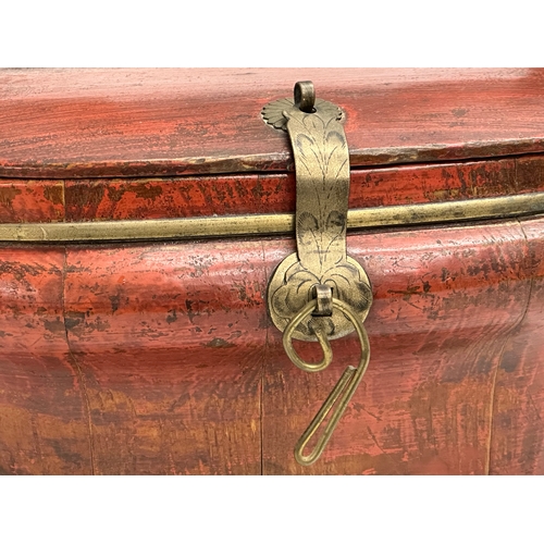 48 - A Late 19th Century Chinese lacquered pine, brass bound wedding box. 34x28x35cm including handle.