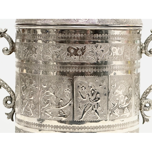 114 - A Late 19th Century silver plated biscuit barrel by Lee & Wigfull Ltd. Decorated with East Asian god... 