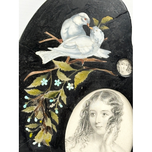 80 - A 19th Century French pietre dure palette plaque. With painted inlaid birds and leaves. Slate frame.... 