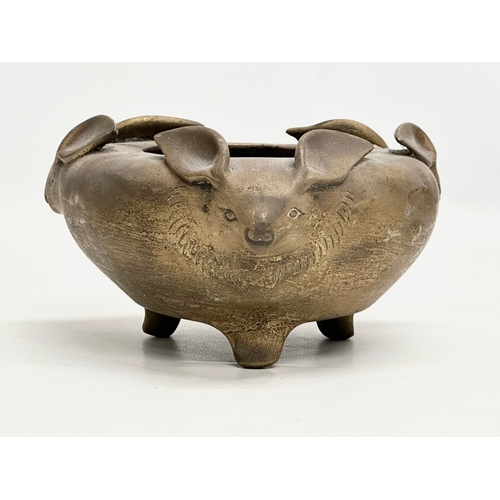 32 - A 19th Century Chinese brass 3 hare, tripod censer/incense burner. Late Qing Dynasty. 17x16x9cm.