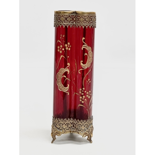 4 - A 19th Century Baccarat brass mounted ruby glass vase. 15.5cm