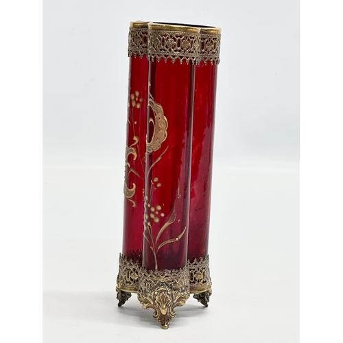 4 - A 19th Century Baccarat brass mounted ruby glass vase. 15.5cm