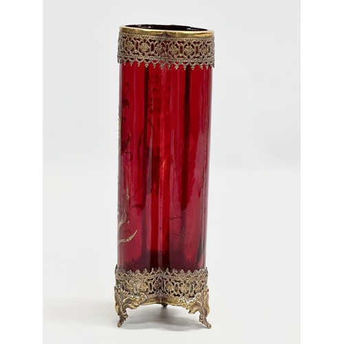 4 - A 19th Century Baccarat brass mounted ruby glass vase. 15.5cm