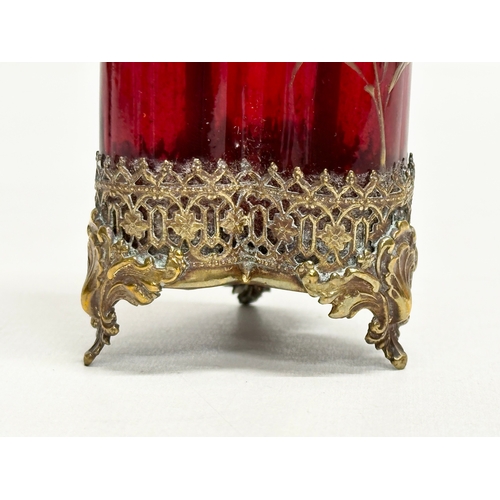 4 - A 19th Century Baccarat brass mounted ruby glass vase. 15.5cm