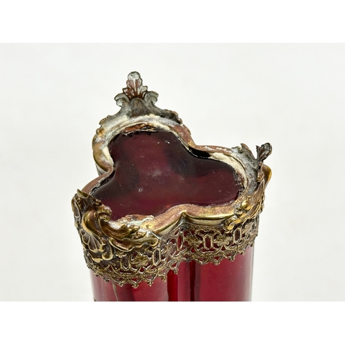 4 - A 19th Century Baccarat brass mounted ruby glass vase. 15.5cm