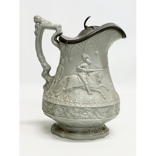 277 - A Mid 19th Century William Ridgway & Son ‘Eglington Tournament’ moulded relief jug, with pewter lid.... 