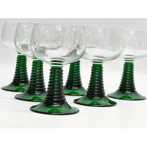 329 - A set of 6 French wine goblets/rummers, with Bristol Green beehive stems. 8.5x14cm.