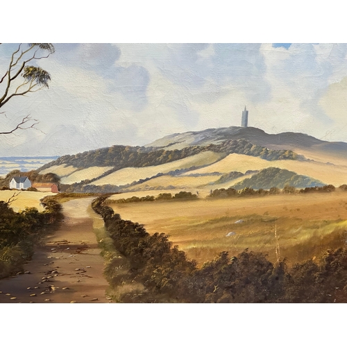 135 - Robert B. Higgins. A large oil on canvas. Country Lane. Scrabo Tower. 91x61cm. Frame 111x80cm.