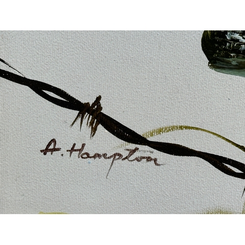 135B - A. Hampton. An oil on canvas. Magpies of a fence. In gilt frame. 41x51cm. Frame 54x64cm