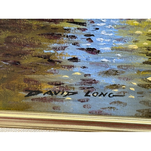 135E - David Long. An oil on canvas. Ducks in the river. In gilt frame. 61x51cm. Frame 79x69cm.