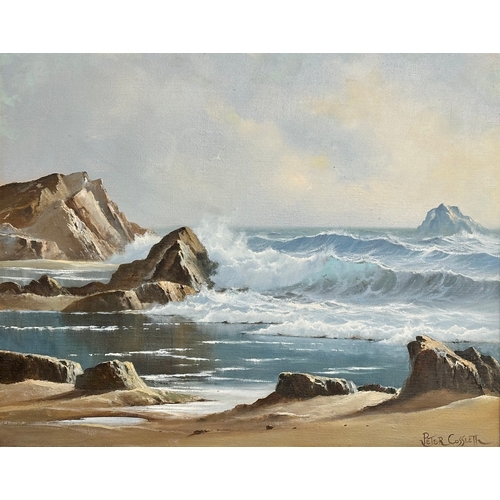 135G - Peter Cosslett (1927-2012) oil on canvas. Waves on a Welsh Coast. 51x41cm. Frame 65x55cm