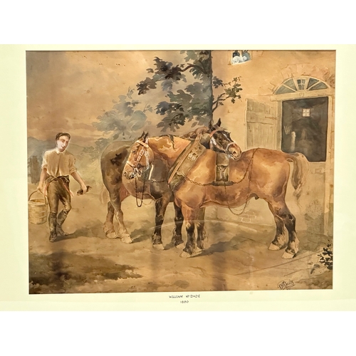 294 - William McDade. A large watercolour drawing. Horses at the stable. Dated 1890. 55x44cm. Frame 75x63.... 