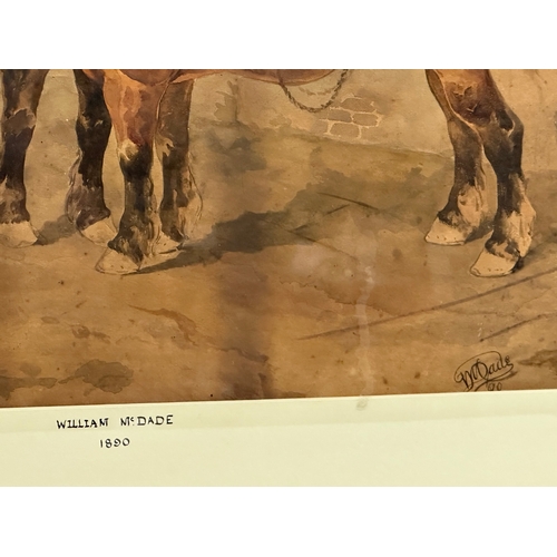 294 - William McDade. A large watercolour drawing. Horses at the stable. Dated 1890. 55x44cm. Frame 75x63.... 