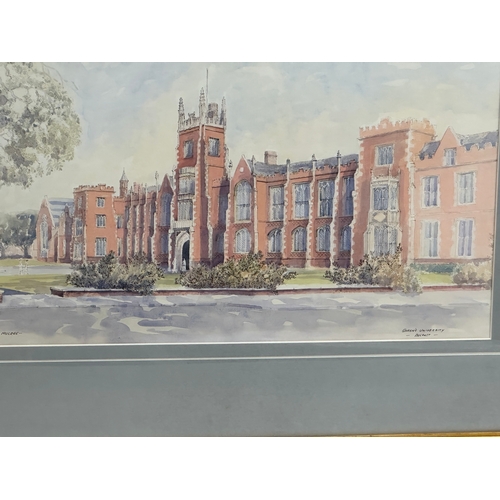 295C - R. G. Mulree. A large watercolour drawing. Queen’s University, Belfast. 61x30cm. Frame 85x53cm