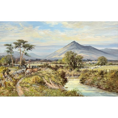 397 - William Cunningham, oil on canvas. The Mournes from near Kilkeel. 90cm x 59cm. 105cm x 65cm framed.