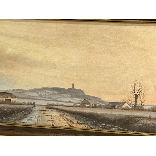 299 - Derek Quann. Oil on board. Frosty Morning Over Scrabo Hill. 75x37cm. Frame 84x46cm.