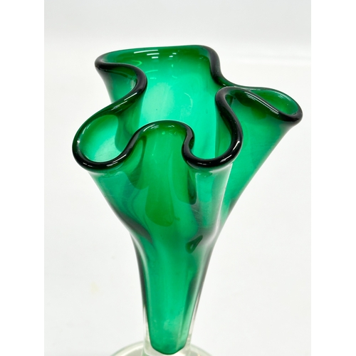 181 - A Mid 20th Century Japanese art glass vase. Bristol Green handkerchief with a millefiori style base.... 