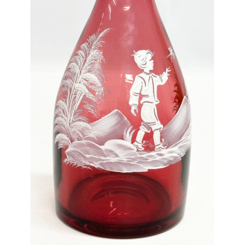 78 - 2 pieces of 19th Century style Mary Gregory cranberry glass. A decanter 30cm. Vase 29cm