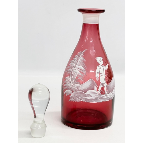 78 - 2 pieces of 19th Century style Mary Gregory cranberry glass. A decanter 30cm. Vase 29cm