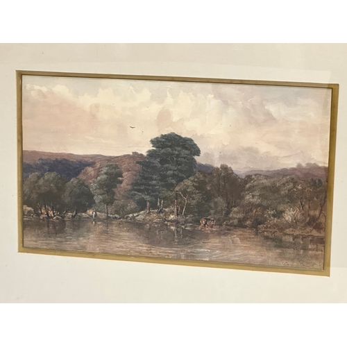 129 - Thomas Campbell Bennett (1858-1948) a large watercolour drawing. Cattle lake scene. 42x25cm. Frame 7... 