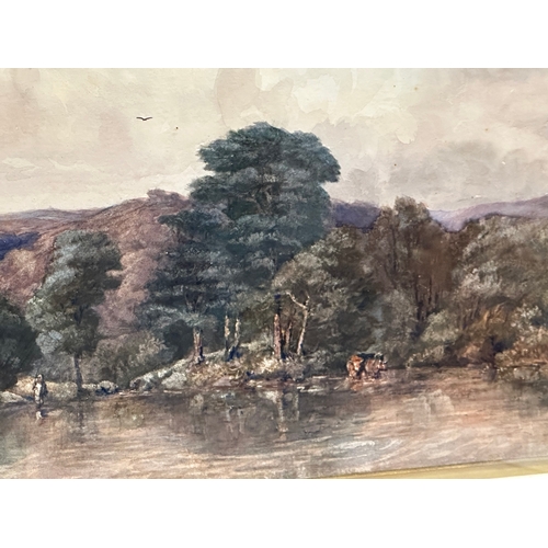 129 - Thomas Campbell Bennett (1858-1948) a large watercolour drawing. Cattle lake scene. 42x25cm. Frame 7... 