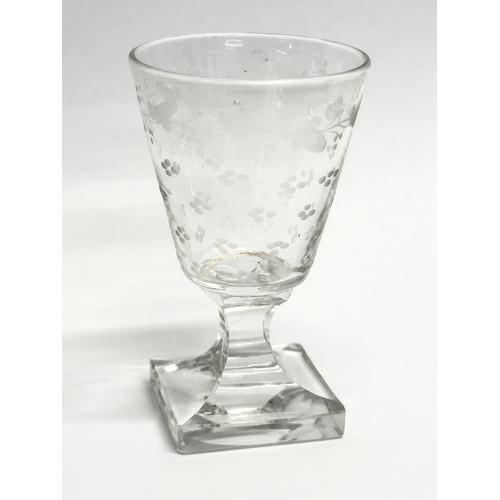 90 - A set of 6 Early 19th Century etched sherry glasses with square bases. Circa 1810-1830. Late Georgia... 