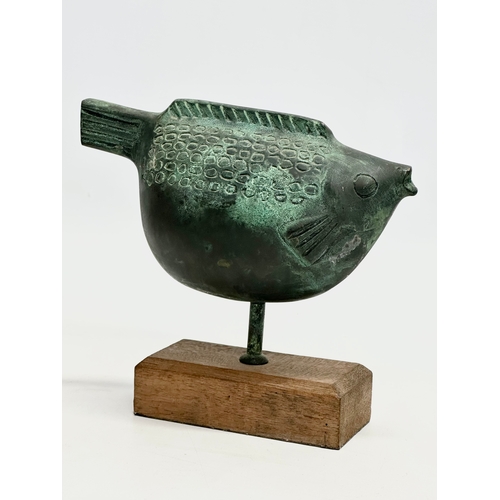 65 - A 20th Century bronze fish sculpture on wooden base. 17x15cm.