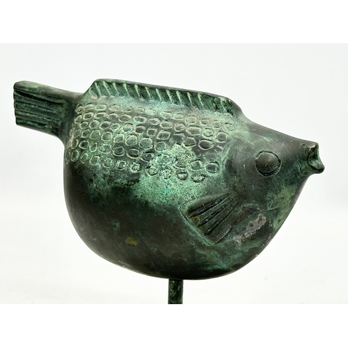 65 - A 20th Century bronze fish sculpture on wooden base. 17x15cm.