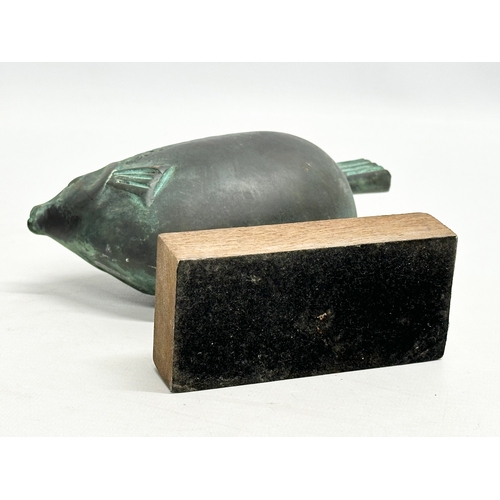 65 - A 20th Century bronze fish sculpture on wooden base. 17x15cm.