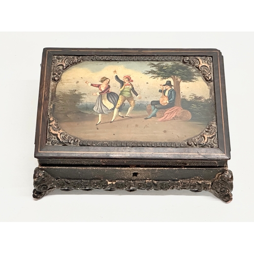 52 - A 19th Century inlaid rosewood and leather bound jewellery box, with painted panel top. 20x15x7cm.