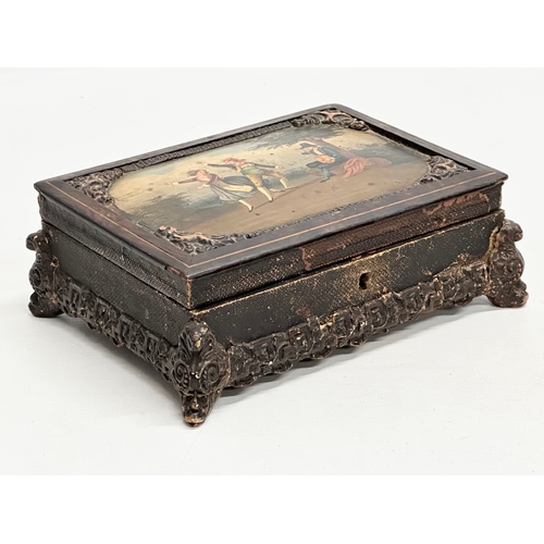 52 - A 19th Century inlaid rosewood and leather bound jewellery box, with painted panel top. 20x15x7cm.