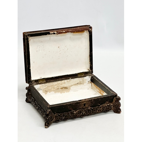 52 - A 19th Century inlaid rosewood and leather bound jewellery box, with painted panel top. 20x15x7cm.