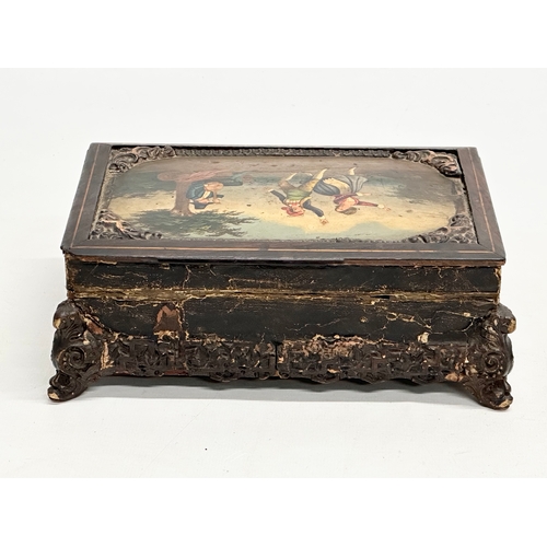 52 - A 19th Century inlaid rosewood and leather bound jewellery box, with painted panel top. 20x15x7cm.