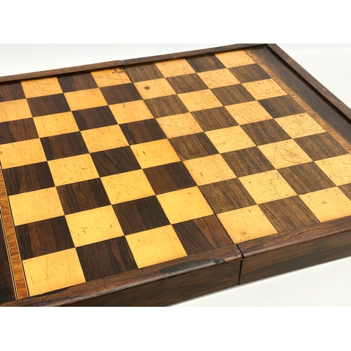 6 - A large quality 19th Century rosewood chess board, games board box. With kingwood banding and inlays... 