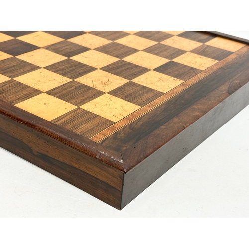 6 - A large quality 19th Century rosewood chess board, games board box. With kingwood banding and inlays... 