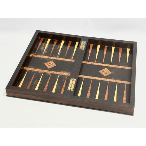 6 - A large quality 19th Century rosewood chess board, games board box. With kingwood banding and inlays... 