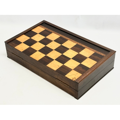 6 - A large quality 19th Century rosewood chess board, games board box. With kingwood banding and inlays... 