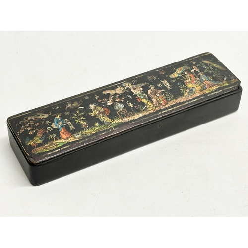 138 - 3 19th Century Japanese hand painted and inlaid lacquered boxes. 20x5.5x3cm. 11x8x5cm. 9.5x6.5x2.5cm... 