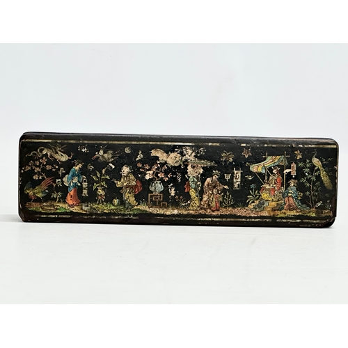 138 - 3 19th Century Japanese hand painted and inlaid lacquered boxes. 20x5.5x3cm. 11x8x5cm. 9.5x6.5x2.5cm... 