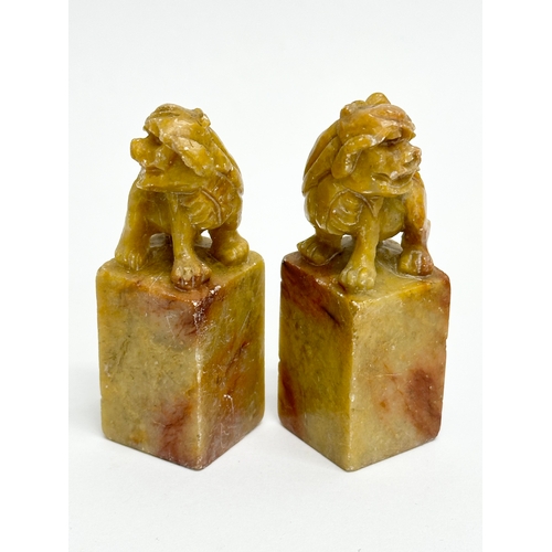 170 - A pair of miniature Late 19th/Early 20th Century Chinese soapstone foo dogs on stands. Late Qing Dyn... 