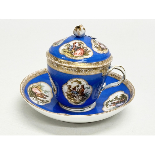 210 - A Late 19th Century Meissen porcelain Tremblesus chocolate cup with cover and saucer.